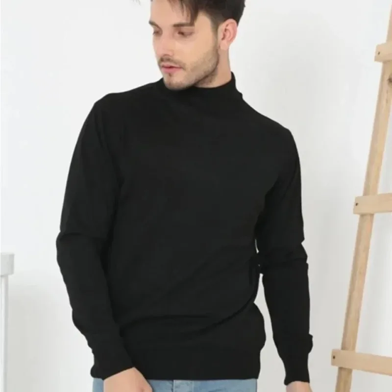 Pánský černý poloroláčkový žebrovaný pletený svetr