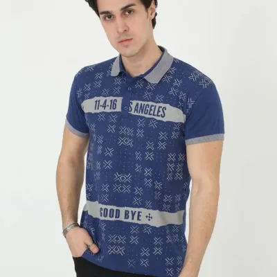 Men's Blue Slim Fit Polo Neck Printed Short Sleeve T-Shirt 3