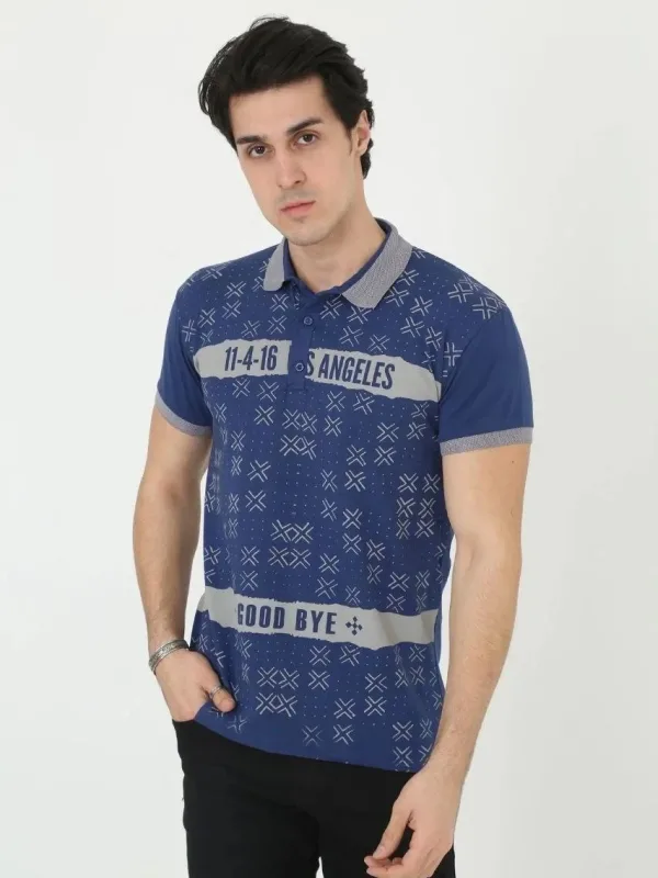 Men's Blue Slim Fit Polo Neck Printed Short Sleeve T-Shirt 3