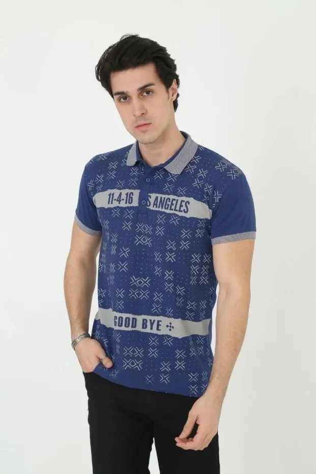 Muški Plavi Slim Fit Polo Kragna Print Kratki Rukav Majica 3