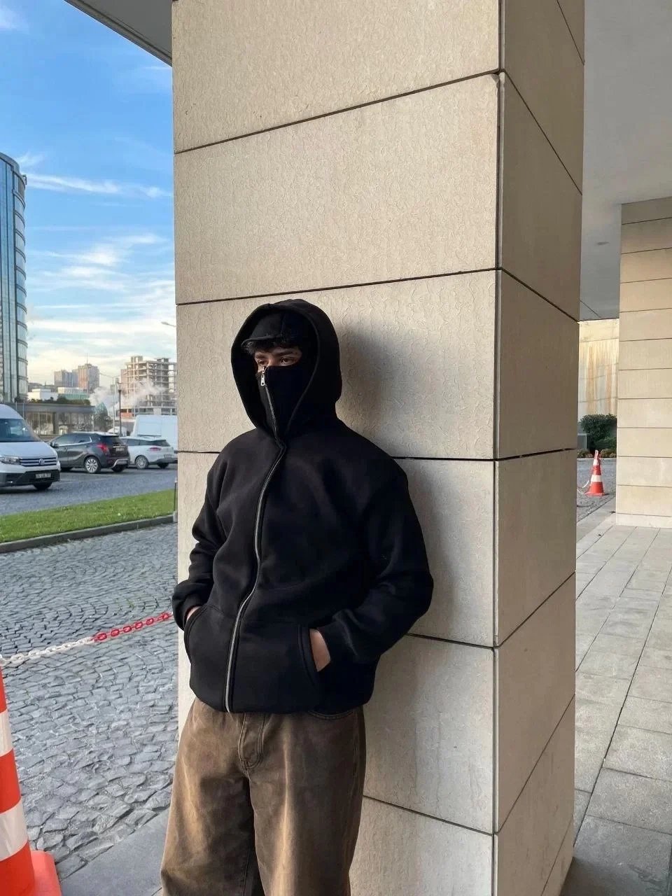 Erkek Siyah Tam Fermuarlı Çift Kapşonlu Kanguru Cepli Sweatshirt