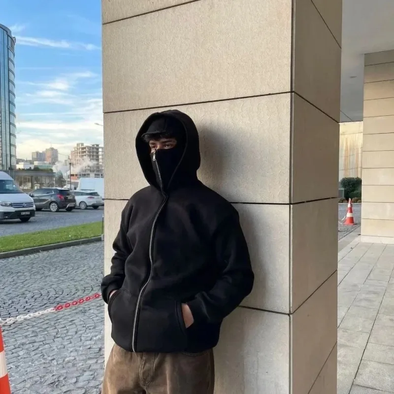 Men's Black Full Zip Double Hood Kangaroo Pocket Sweatshirt