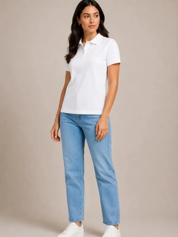 Women's 2-Piece Set Pique Fabric Polo Neck Button Basic T-Shirt 6