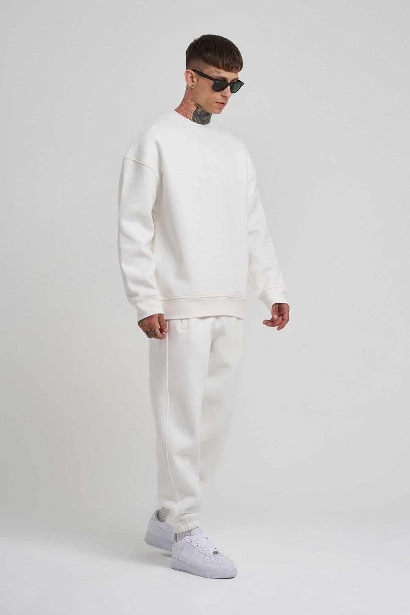 Men's White Crew Neck Three-Thread Cotton Sweatshirt 2