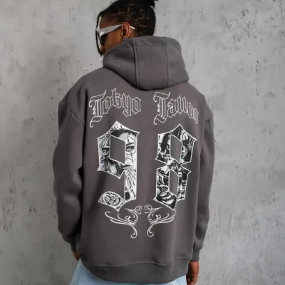 Pánské šedé oversized kapucové 3-nitní bavlněné potištěné mikiny s kapsou 3