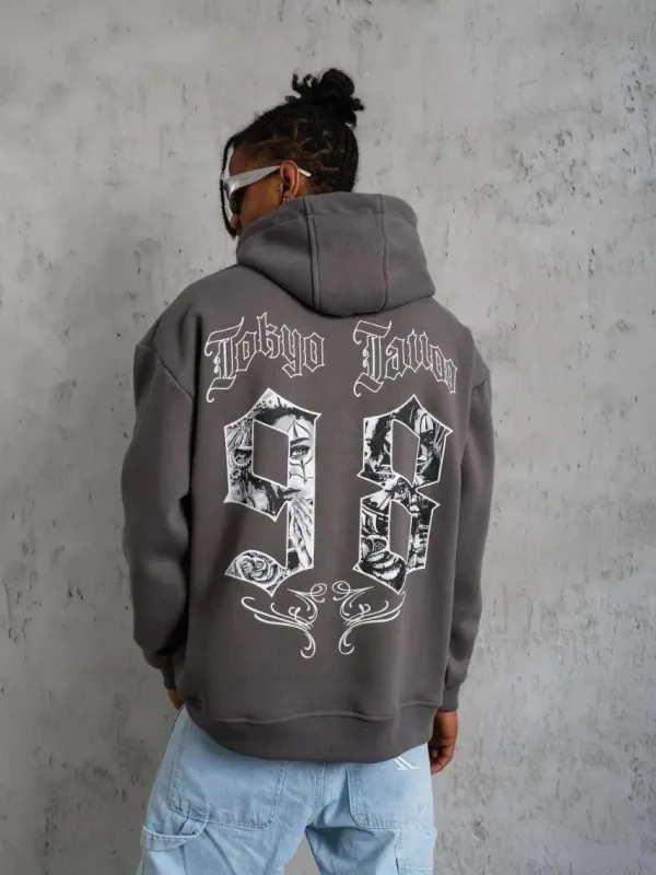 Pánské šedé oversized kapucové 3-nitní bavlněné potištěné mikiny s kapsou 3