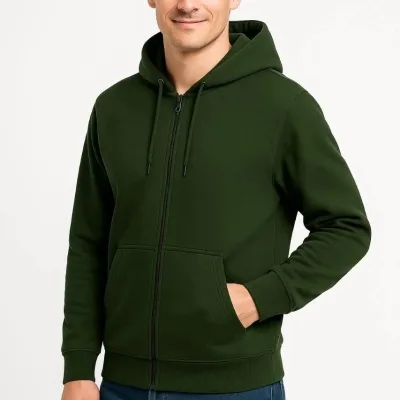 Pánský khaki 3-nitní bavlněný hoodie s celo zipem, kapucí a kapsami 1