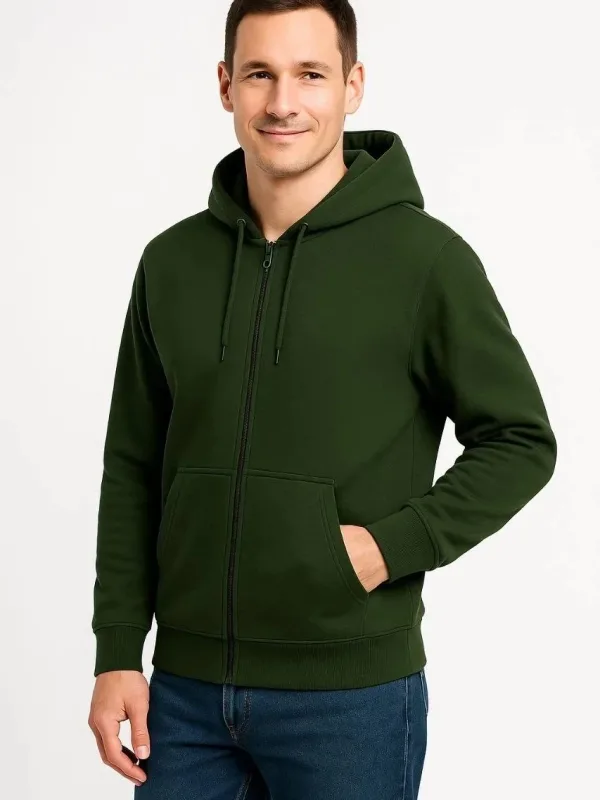 Pánský khaki 3-nitní bavlněný hoodie s celo zipem, kapucí a kapsami 1
