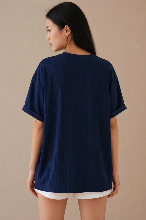 Gratë Blu e Errët Ribana Oversize T-Shirt 100% Pambuk Prerje e Lirshme 6