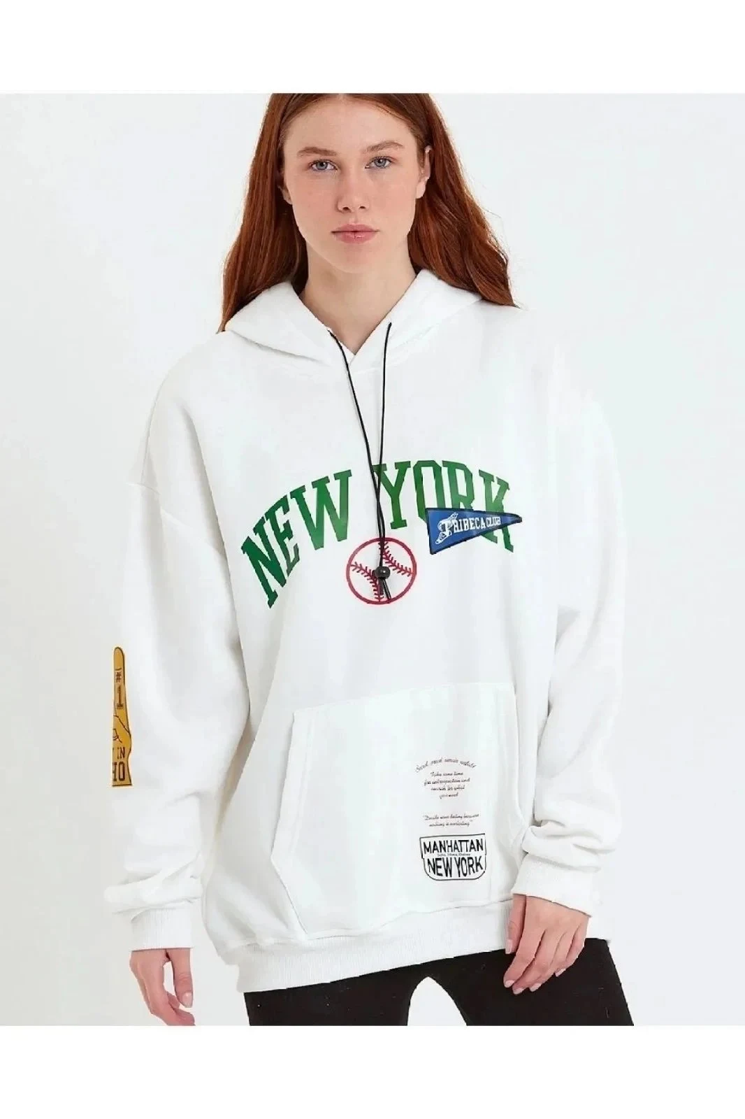 Dámsky biely oversize kapucňový predný rukáv potlačený bavlnený sweatshirt