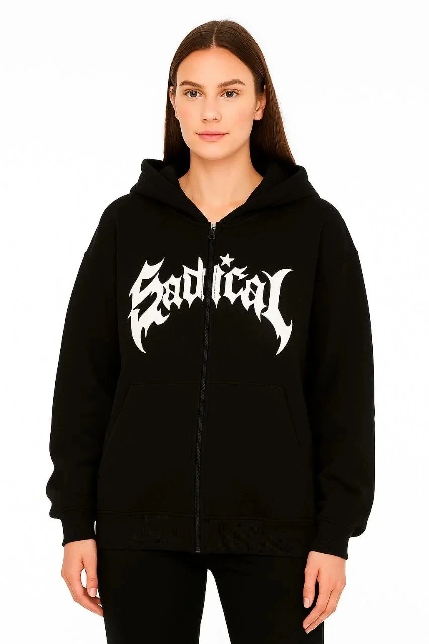 Dámský černý oversized kardigan na zip s kapucí, potiskem a fleecovou podšívkou