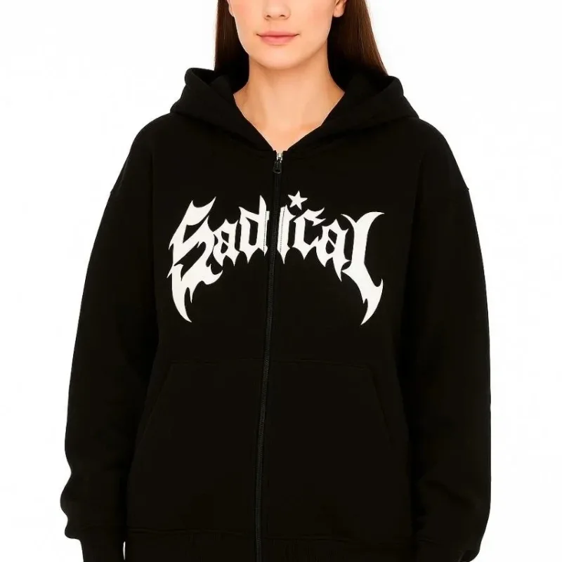 Women's Black Oversize Hooded Zippered Printed Brushed Cardigan
