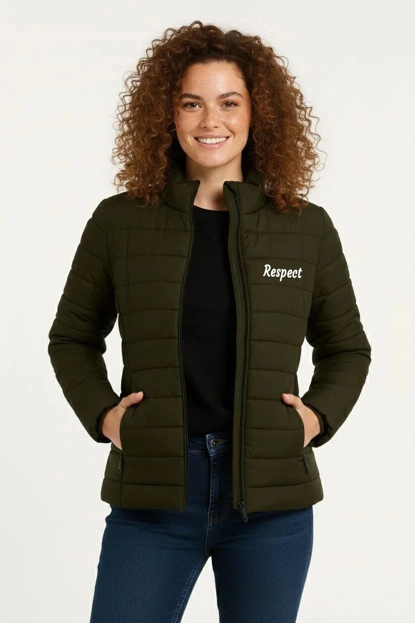 Dámská khaki mikro vodoodpudivá prošívaná bomber bunda s potiskem a zipem