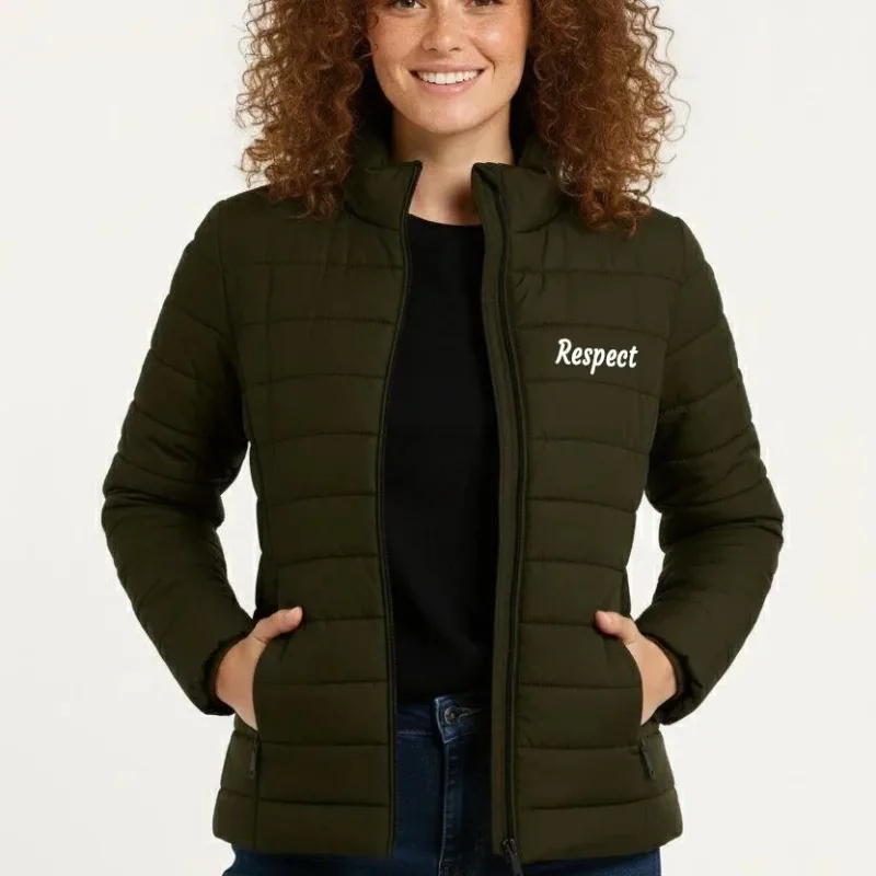 Women's Khaki Micro Water Repellent Quilted Printed Zippered Bomber Jacket