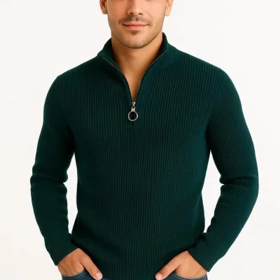 Męski Khaki Regular Fit Sweter z Półzamkiem, Stójka, Bawełniana Dzianina 4