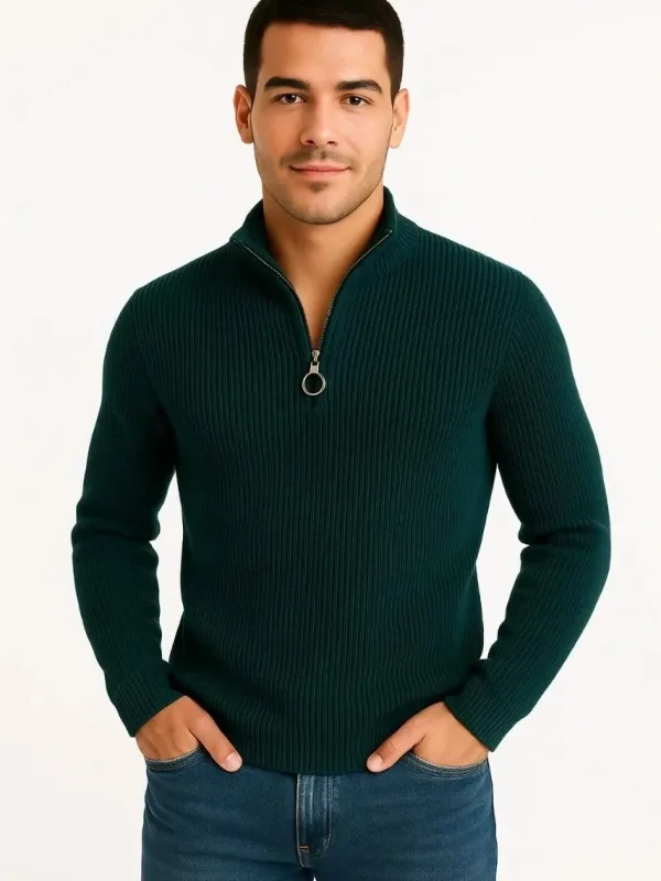 Męski Khaki Regular Fit Sweter z Półzamkiem, Stójka, Bawełniana Dzianina 4
