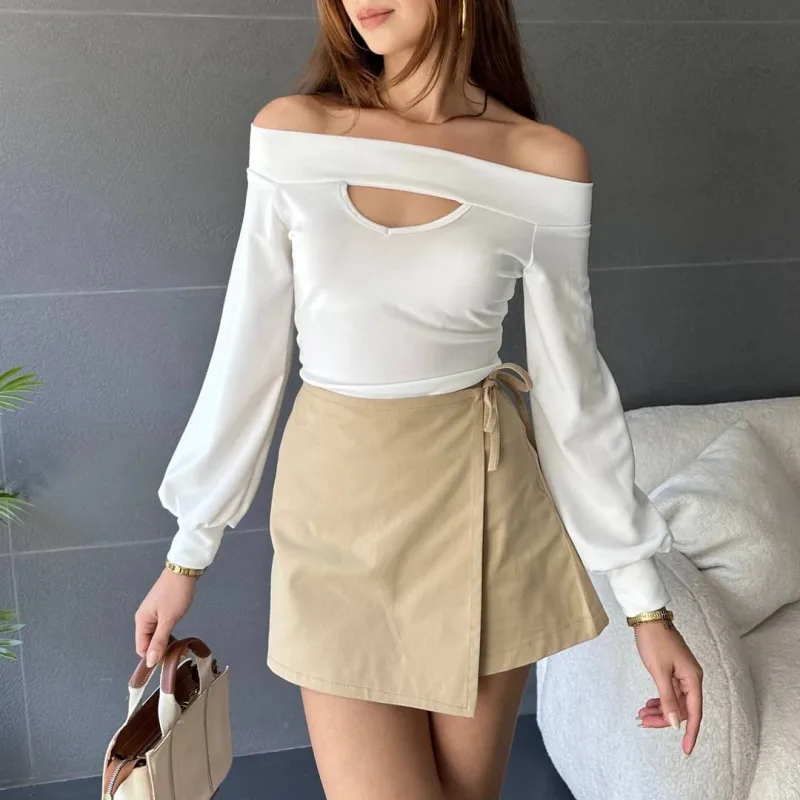 Boat Neck Decollete Detail Cuffed Sleeve Blouse White