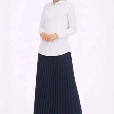 Women's Navy Blue Modest Pleated Skirt White Blouse Two-Piece Set 4