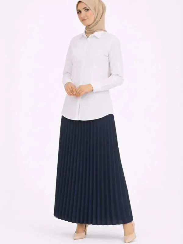 Women's Navy Blue Modest Pleated Skirt White Blouse Two-Piece Set 4