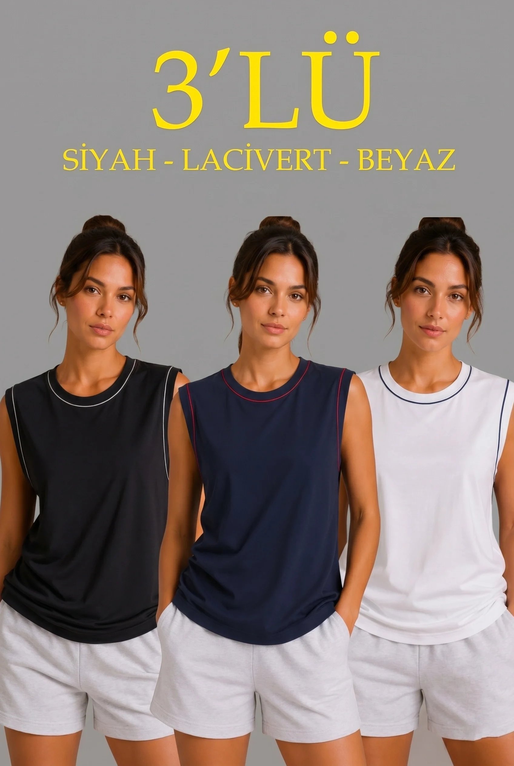 Kadın 3'lü Set Kolsuz Bisiklet Yaka Pamuklu Sporcu Atlet