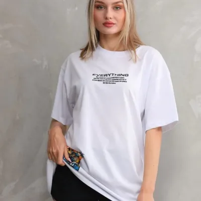 Женски Бел Oversize Бициклета Јака Печатена Маица 4