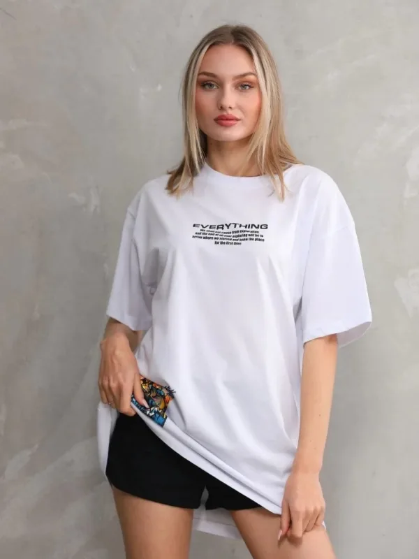 Женски Бел Oversize Бициклета Јака Печатена Маица 4