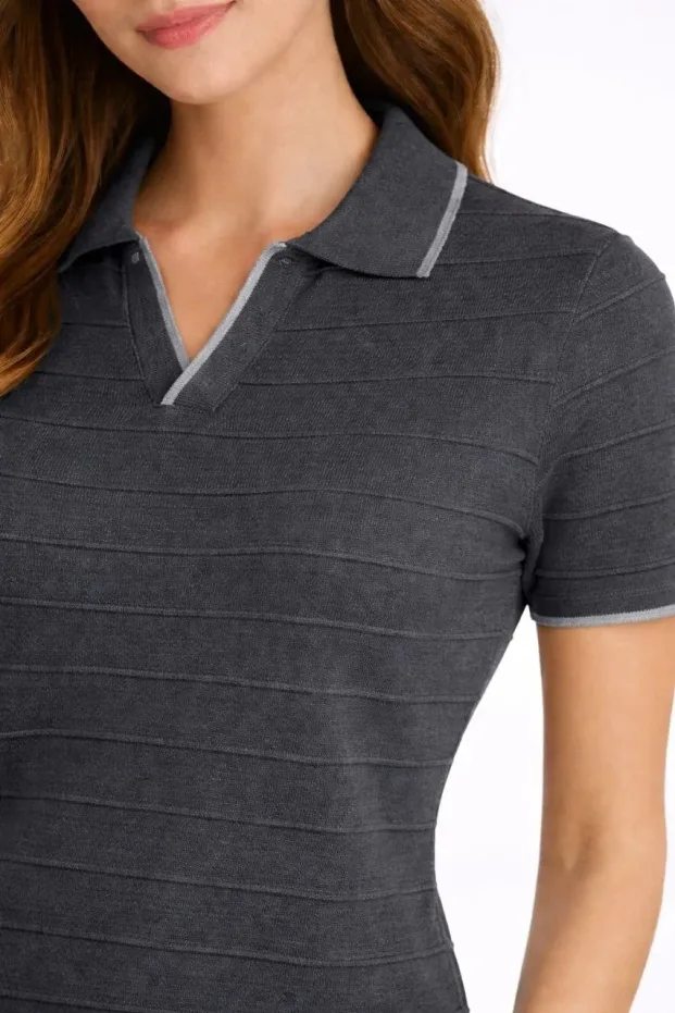 Women's Black Woven Knit Short Sleeve Polo Neck T-Shirt 4