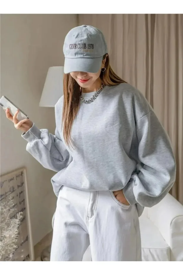 Gratë Gri Oversize Gjysmë Zip Pambuku Sweatshirt 5