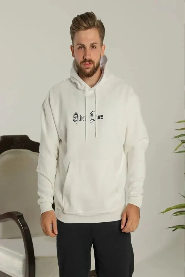 Ανδρικό Λευκό Oversize 3-κλωνο Βαμβακερό Φούτερ με Κουκούλα, Στάμπα και Τσέπες 2