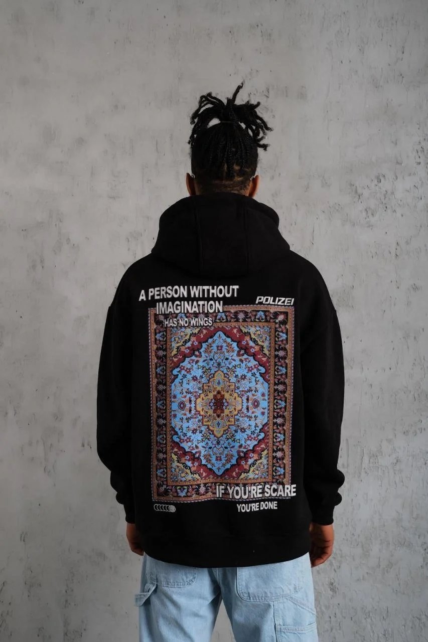 Erkek Siyah Oversize 3 İplik Pamuklu Kapüşonlu Baskılı Cepli Sweatshirt