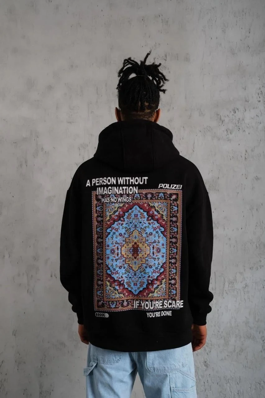 Men's Black Oversize 3-Thread Cotton Hooded Printed Sweatshirt with Pockets