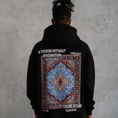 Men's Black Oversize 3-Thread Cotton Hooded Printed Sweatshirt with Pockets 1