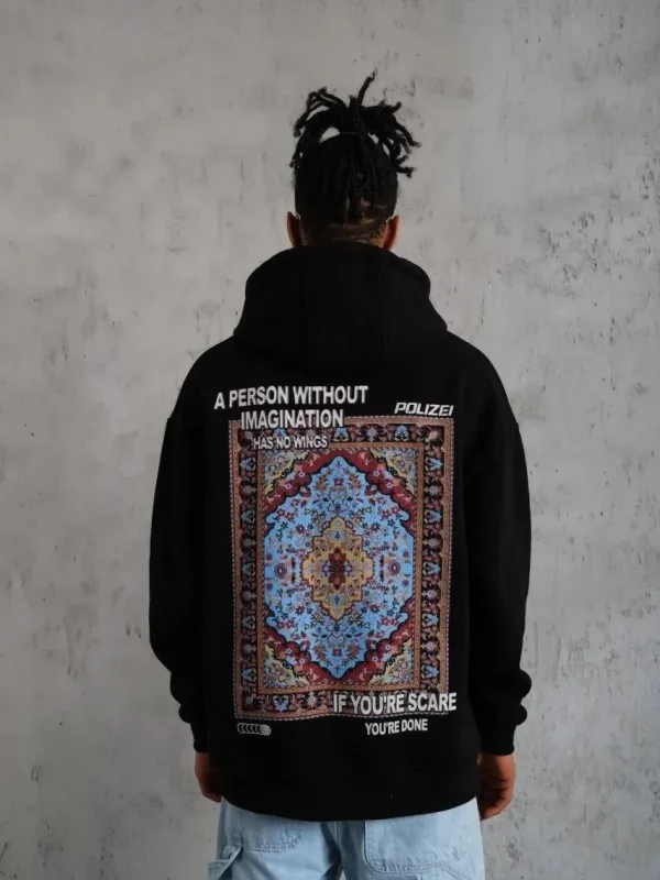 Men's Black Oversize 3-Thread Cotton Hooded Printed Sweatshirt with Pockets 1