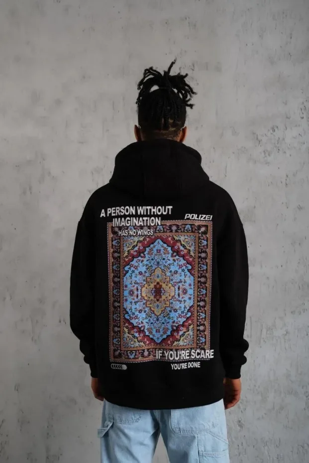 Men's Black Oversize 3-Thread Cotton Hooded Printed Sweatshirt with Pockets 1