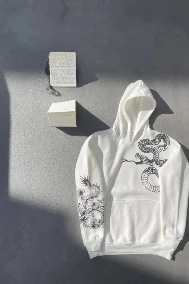 Muška bijela oversize 3 niti pamučna kapuljača tiskani džep sweatshirt 4