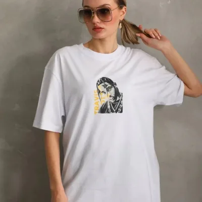 Γυναικείο Λευκό Oversize Στρογγυλό Λαιμό Τυπωμένο T-Shirt 4