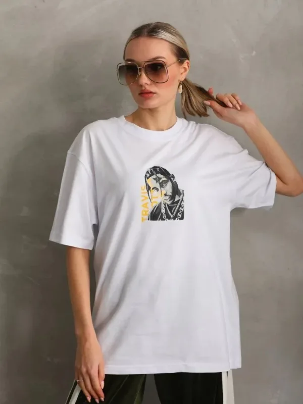 Γυναικείο Λευκό Oversize Στρογγυλό Λαιμό Τυπωμένο T-Shirt 4