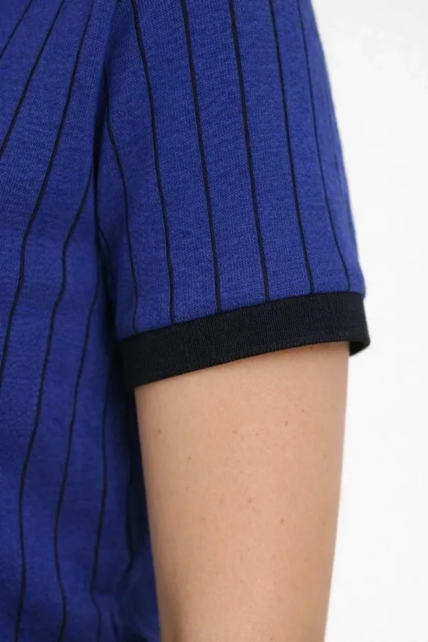 Women's Sax Blue Striped Polo Neck Short Sleeve Button T-Shirt 3
