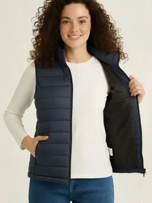 Vest for Women, Navy Blue, Water-Repellent, Quilted, with Pockets, Puffy
