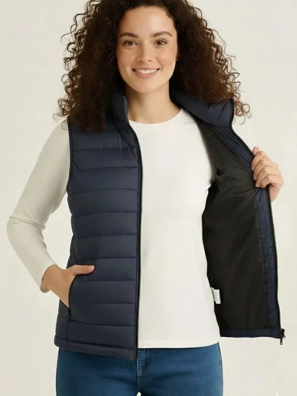Women's Navy Water-Repellent Quilted Puffer Vest with Pockets