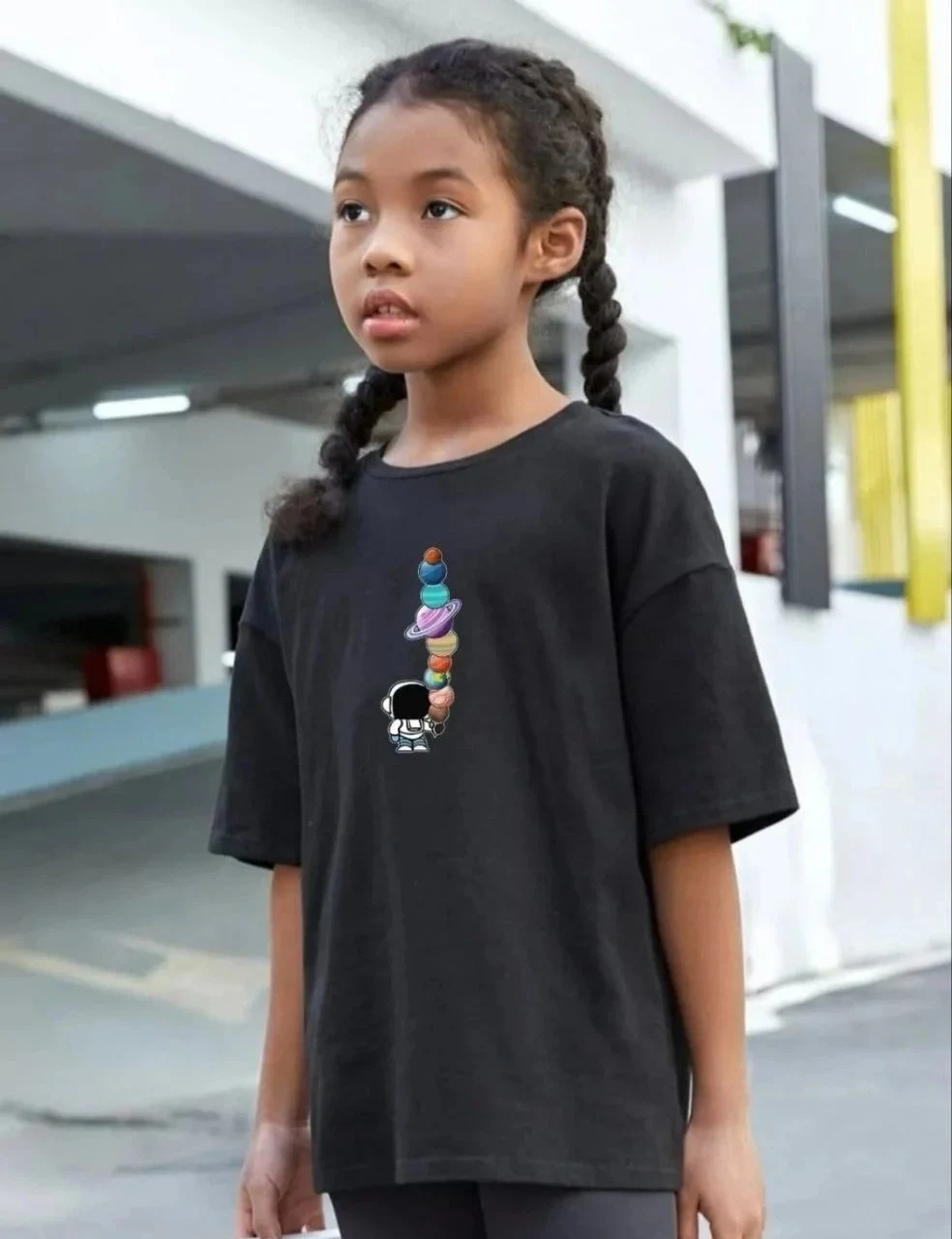 Παιδικό Μαύρο Oversize Τυπωμένο Στρογγυλό Λαιμό T-Shirt