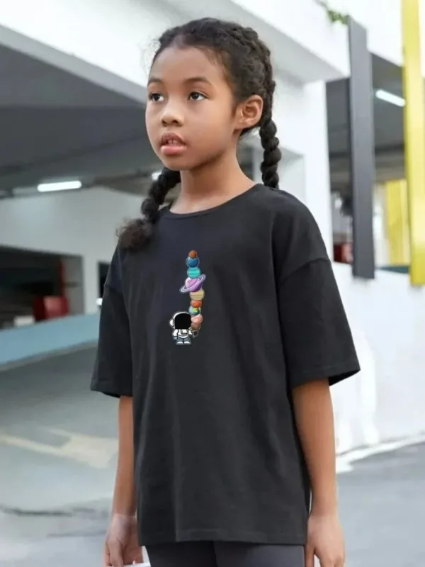 Παιδικό Μαύρο Oversize Τυπωμένο Στρογγυλό Λαιμό T-Shirt 1