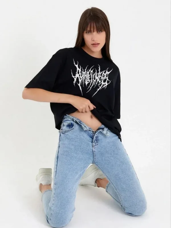 Women's Black Oversize Crew Neck Printed T-Shirt 2