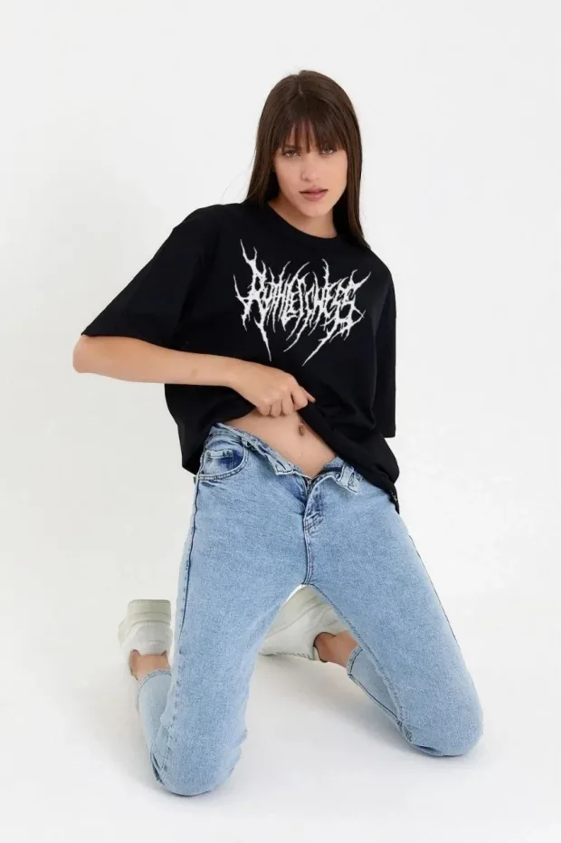 Femeie Tricou Negru Oversize cu Guler Bicicletă, Imprimare 2