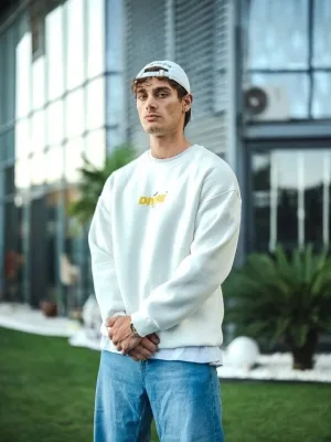 Erkek Beyaz 3 İplik Pamuklu Bisiklet Yaka Baskılı Sweatshirt