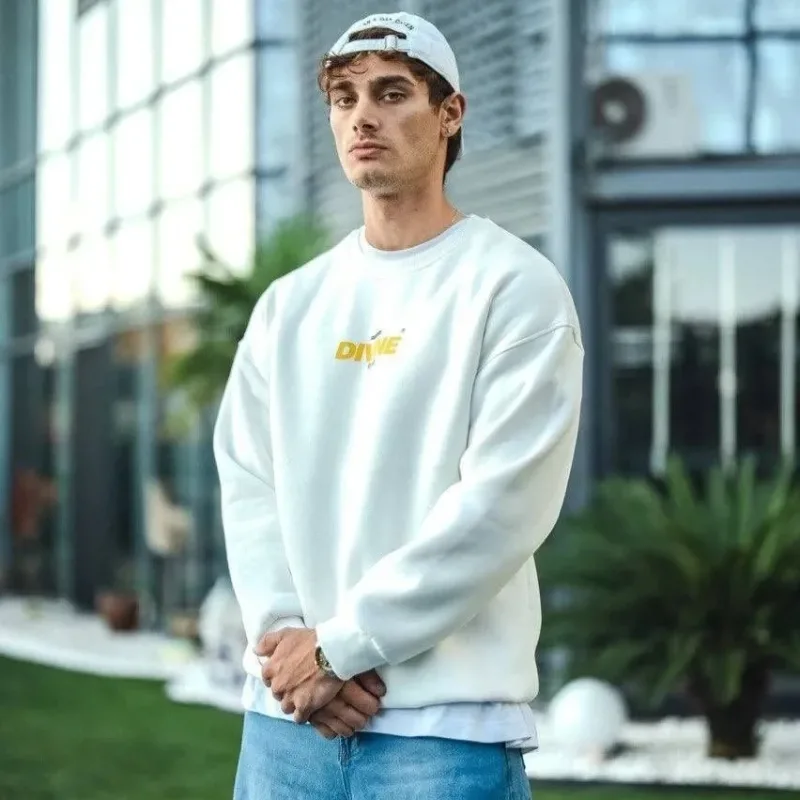 Erkek Beyaz 3 İplik Pamuklu Bisiklet Yaka Baskılı Sweatshirt
