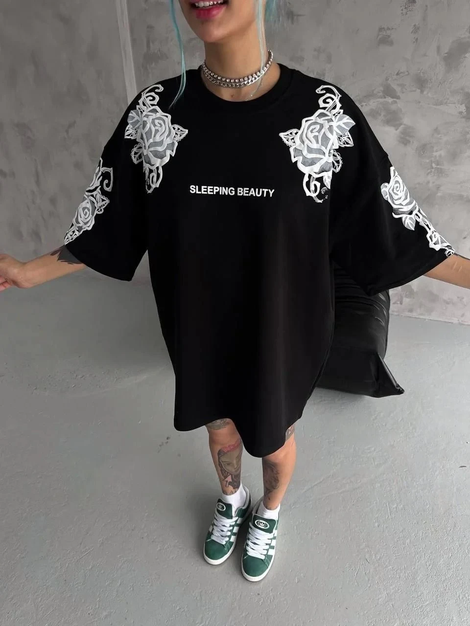Ženski crni Oversize Bicikli kragna print letnja majica