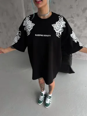 Ženski crni Oversize Bicikli kragna print letnja majica