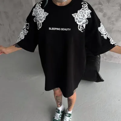 Ženski crni Oversize Bicikli kragna print letnja majica 1