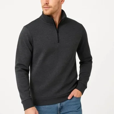 Men's Anthracite Stand Collar Half-Zip 3-Thread Cotton Sweatshirt 2
